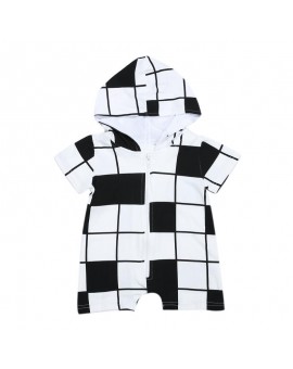 Unisex Baby Boys Girls White Black Plaid Jumpsuit Infant Short Sleeve Zipper Hooded Romper Newborn Summer Clothes