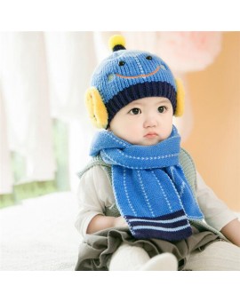  Winter Warm Baby Hat Scarf Set Infant Boys Girls Robot Smiling Face Ear Protection Cap Newborn Wool Knitted Hats