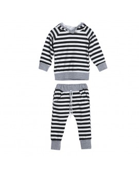 2pcs Kids Clothes Baby Boys Girls Autumn Long Sleeve Striped Hooded Top Pant Outfit Infant Casual Clothing Set