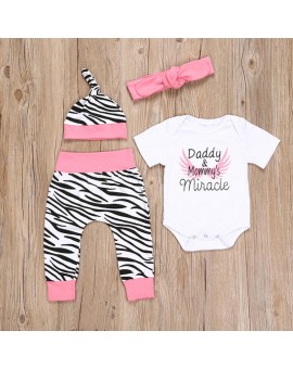4pcs/set Children Clothes Toddler Kids Boys Girls Letter Print Jumpsuit Tops+Zebra Pants+Headband+Cap Outfit Infant Clothing
