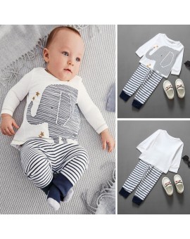 BS#S 0-36Month 2pcs New Fashion Baby Clothes Boys Elephant Print Top T-Shirt and Striped Long Pants Infant Outfit 