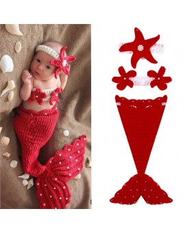 BS#S New Cartoon Infant Cotton Mermaid Costume Baby Photography Prop Crochet with HatBand/Corsage/Sleeping Bag 