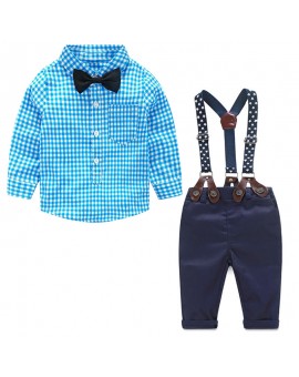Baby Boy Clothes 2017 Spring New Brand Gentleman Plaid Clothing Suit For Newborn Baby Bow Tie Shirt + Suspender Trousers