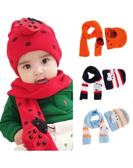 Baby Boys Girls Winter Warm Hat Scarf Set Cute Knitted Cotton Cap Hats