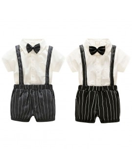 Baby Gentleman Formal Attire Toddler Boys Straps Striped Shorts Pants + Bow Tie Shirts Outfit Kids Fashion Clothes