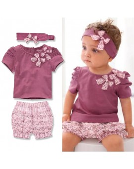 Baby Girl Cute 3Pcs Pleated Short Sleeve Bow T-shirt Floral Layered Shorts