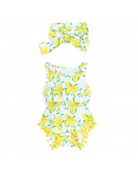 Baby Girls Fruit Printed Tassel Sleeveless Bodyisuit Infant Summer Fashion Modal Fabric Jumpsuit + Headband Outfits 