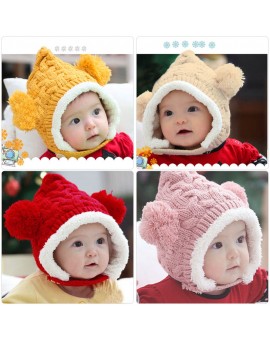 Baby Hat Infant Winter Strap Buckle Hat Child Dual Balls Ear Wool Knitted Beanie Cap