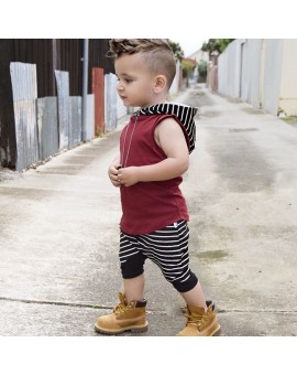 Children Causal Clothes Set Baby Boys Hooded Sleeveless T-shirt Tops + Striped Short Pant Shorts Outfits Boys Clothing