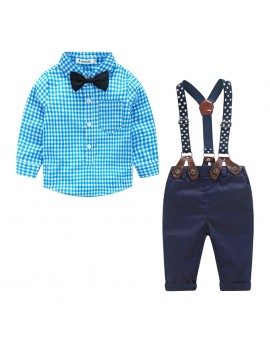 Fashion Kids Clothes Grid Shirt + Suspender Newborn Long Sleeve Baby Boy Clothes Bowknot Gentleman Suit