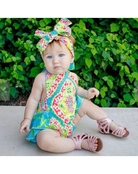 Floral Baby Bodysuit Infant Girls Clothes Summer Ruffles Halter Jumpsuit+ Headband Outfits Children Backless Sunsuit