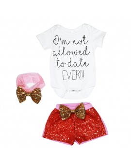 Infant Baby Girl Clothes Children Letter Print Short Sleeve Tops Romper + Sequin Pants + Headband Outfits Kids Summer Clothing
