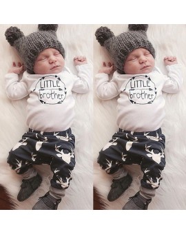 Infant Casual Clothing Set Baby Little Brother Print Tops Bodysuit+Long Pants Outfits Fashion Boys Girls Clothes 