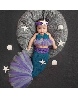 Infant Handmade Wool Knitted Lovely Mermaid Costume Newborn Photo Props Baby Headband+ Bra + Tail Outfits Baby Clothes