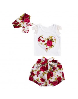 Kids Summer Floral Clothing Set Baby Girls Heart Shape Flower Printed T-Shirt+Short Pant+Headband Outfits Children Clothes