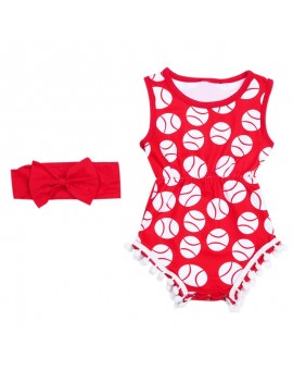 Newborn Fashion Red Bodysuit Baby Girls Sleeveless Baseball Print Jumpsuit + Headband Clothes Infant Summer Clothing