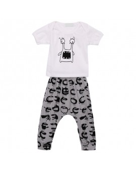 Summer Baby Boys Clothing Set Cotton Blend Short Sleeve Small Monster T-shirt with Small Monster Print Pant