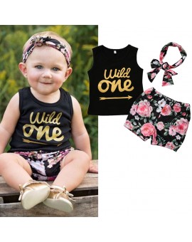 Summer Infant Newborn Toddler Baby Boys Girls Clothes Sleeveless Letter Print Tops Vest + Floral Pants + Headband Outfit