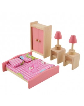 6pcs/set Wooden Dollhouse Doll Furniture Bedroom Set with Mini Double Bed Lamp Table Closet