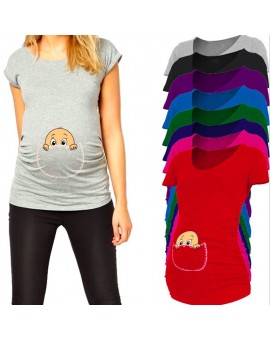 Plus Size New Design Funny and Cute "baby peeking out" Short sleeve Casual Maternity Shirt Pregnancy Clothes for Pregnant Women