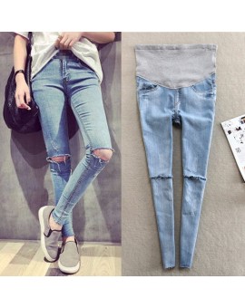  2017 Light Blue Hole Denim Maternity Jeans Pants for Pregnant Women Matenrity Clothes Pregnancy Belly Pencil Trousers Embarazad
