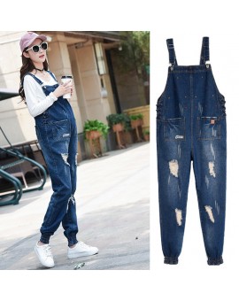 Maternity Bib Jeans Jumpsuits Clothes for Pregnant Women Autumn Fashion Ripped Hole Washed Denim Pregnancy Overalls Pants