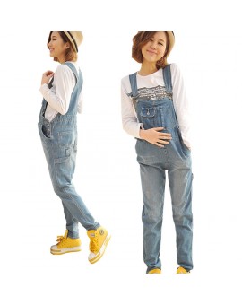 Maternity Clothing Pants Spring Autumn Light Blue Denim Plus Size Overalls Pregnant Women`s Large Size Suspender Trousers 8820