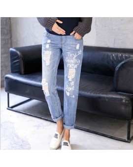 Summer Maternity Clothing Straight Jeans Painted Pregnant Trousers Ripped Hole Pregnancy Jeans Belly Pants Maternity Overalls