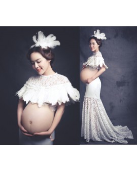 Long White Lace Dress Maxi Maternity Dress for Photo Shoot Maternity Photography Props Pregnancy Clothes for Pregnant Women PO2